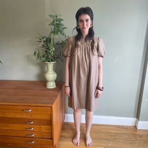 Sandro Silk Brown Pleated Puff Sleeve Sundress